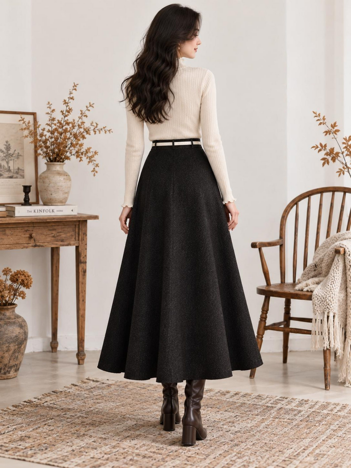 Black Wool-Look High-Waisted A-Line Maxi Skirt for Women