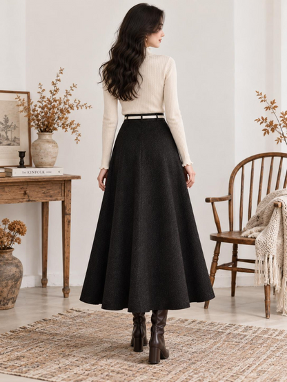 Black Wool-Look High-Waisted A-Line Maxi Skirt for Women
