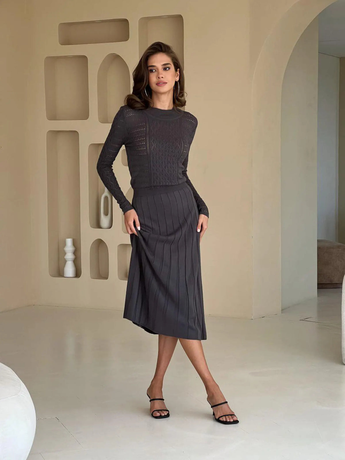 Charcoal Knit Midi Dress with Mash Long Sleeves and pleated skirt