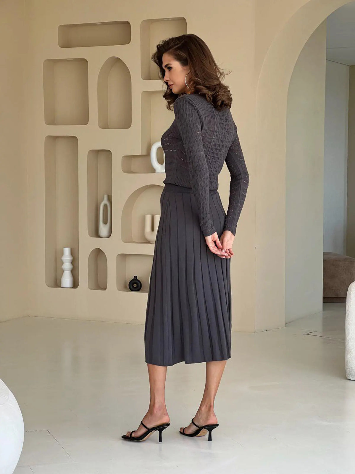 Charcoal Knit Midi Dress with Mash Long Sleeves and pleated skirt