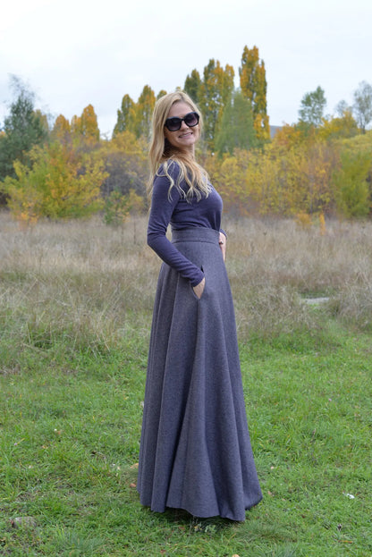 Victorian Wool Maxi Skirt - High Waisted, A-Line, Floor Length