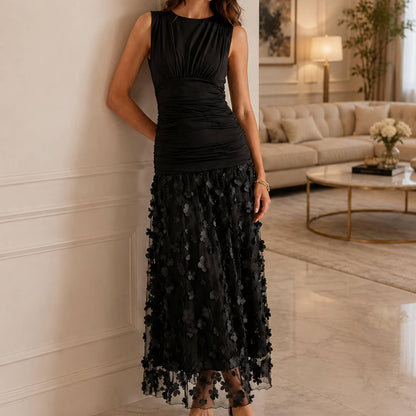 Black Maxi Dress with 3D Floral Hem, Elegant Statement Dress for Women