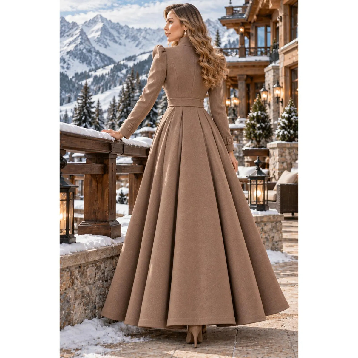 Elegant Taupe Wool Coat Dress, Long Flare Winter Formal Maxi Dress