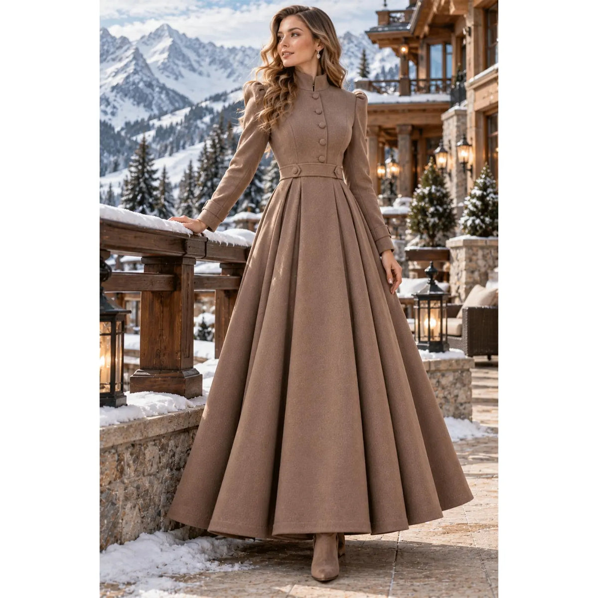 Elegant Taupe Wool Coat Dress, Long Flare Winter Formal Maxi Dress