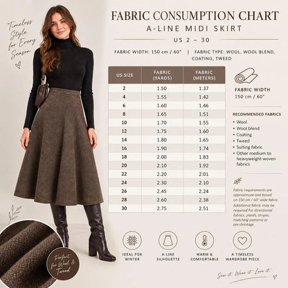 A-Line Midi Skirt Sewing Pattern, Wool Fabric, Winter Sewing