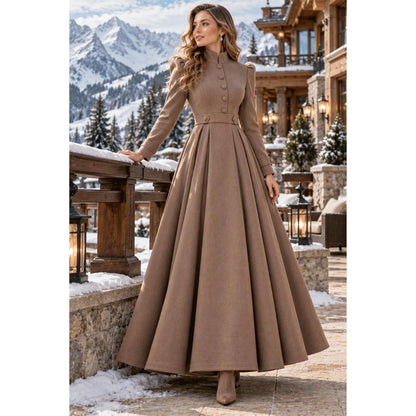 Elegant Taupe Wool Coat Dress, Long Flare Winter Formal Maxi Dress