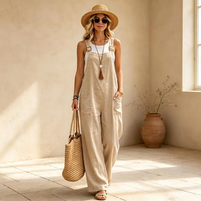 Women's Cotton Linen Jumpsuit with Pockets for casual wear