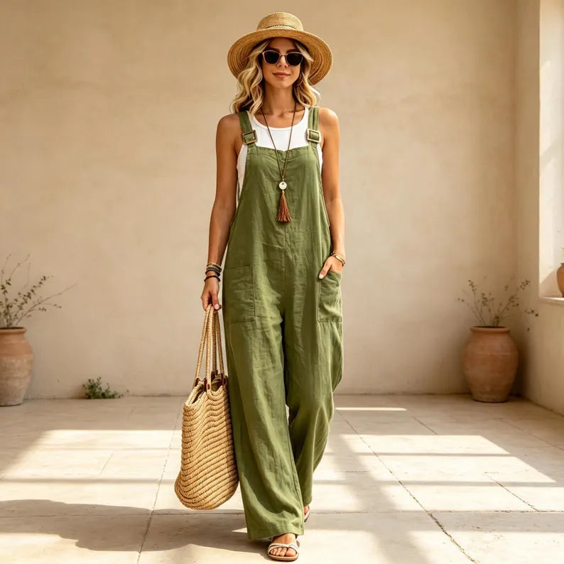 Women's Cotton Linen Jumpsuit with Pockets for casual wear