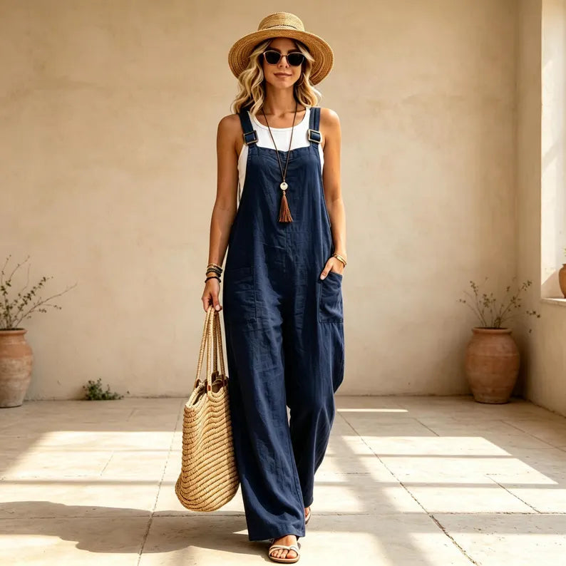 Women's Cotton Linen Jumpsuit with Pockets for casual wear