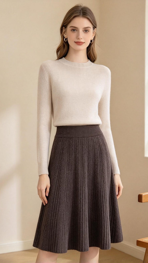 Women’s High-Waisted Pleated Wool Midi Skirt for Winter