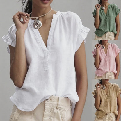 Women’s V-Neck Cotton Linen Ruffle Blouse, Elegant Casual Top