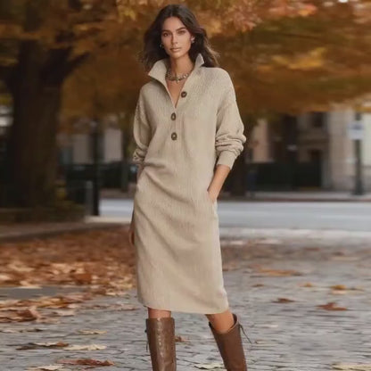 Women’s Knitted Midi Sweater Dress, Elegant Long-Sleeve Winter Outfit