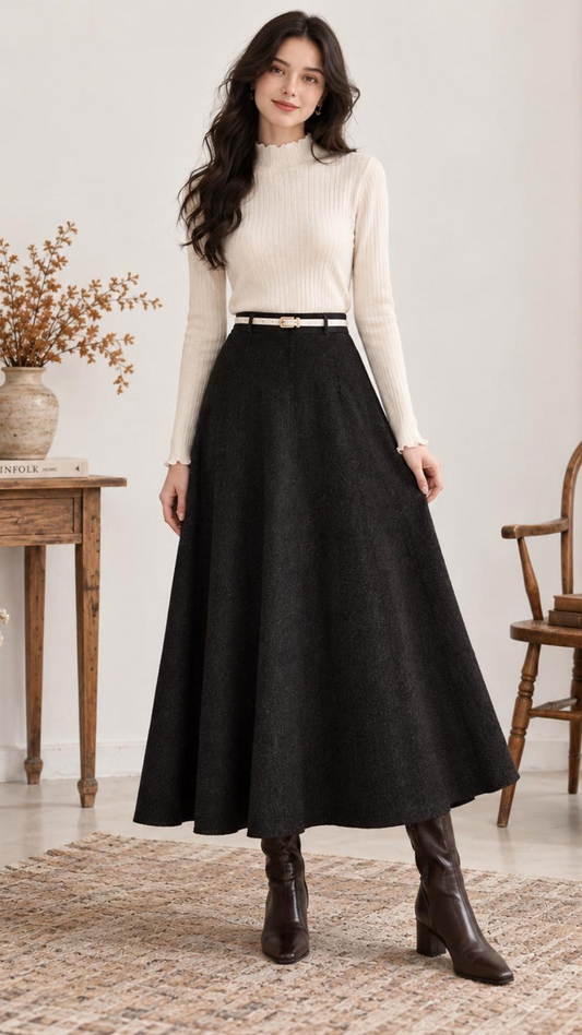 Black Wool-Look High-Waisted A-Line Maxi Skirt for Women